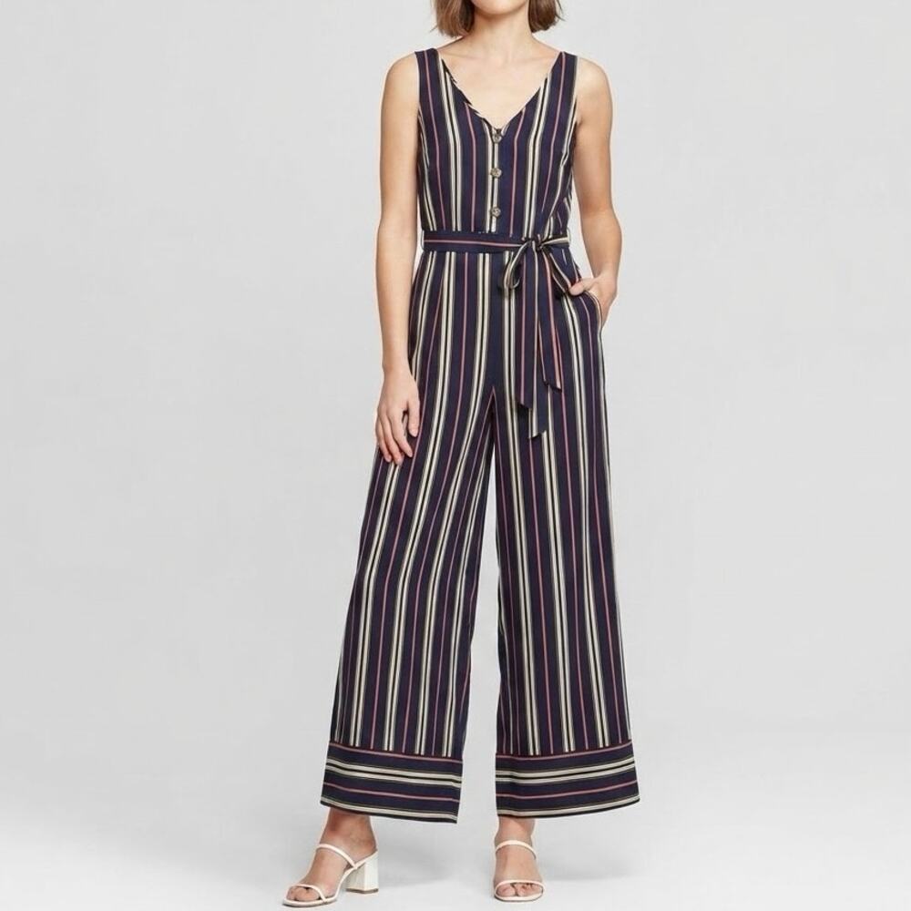 Target Striped V-Neck Wide Leg Jumpsuit Belted Sleeveless Navy Coral Size M
